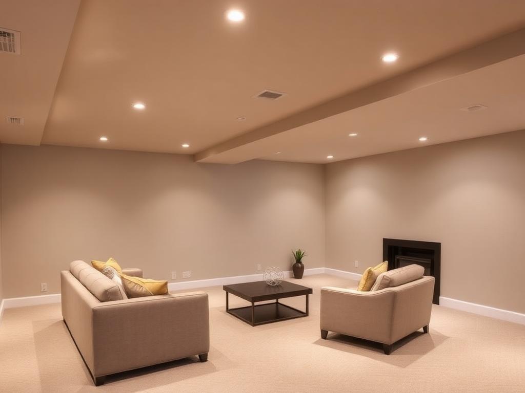 Finished basement living room with neutral walls, recessed lighting, and simple seating