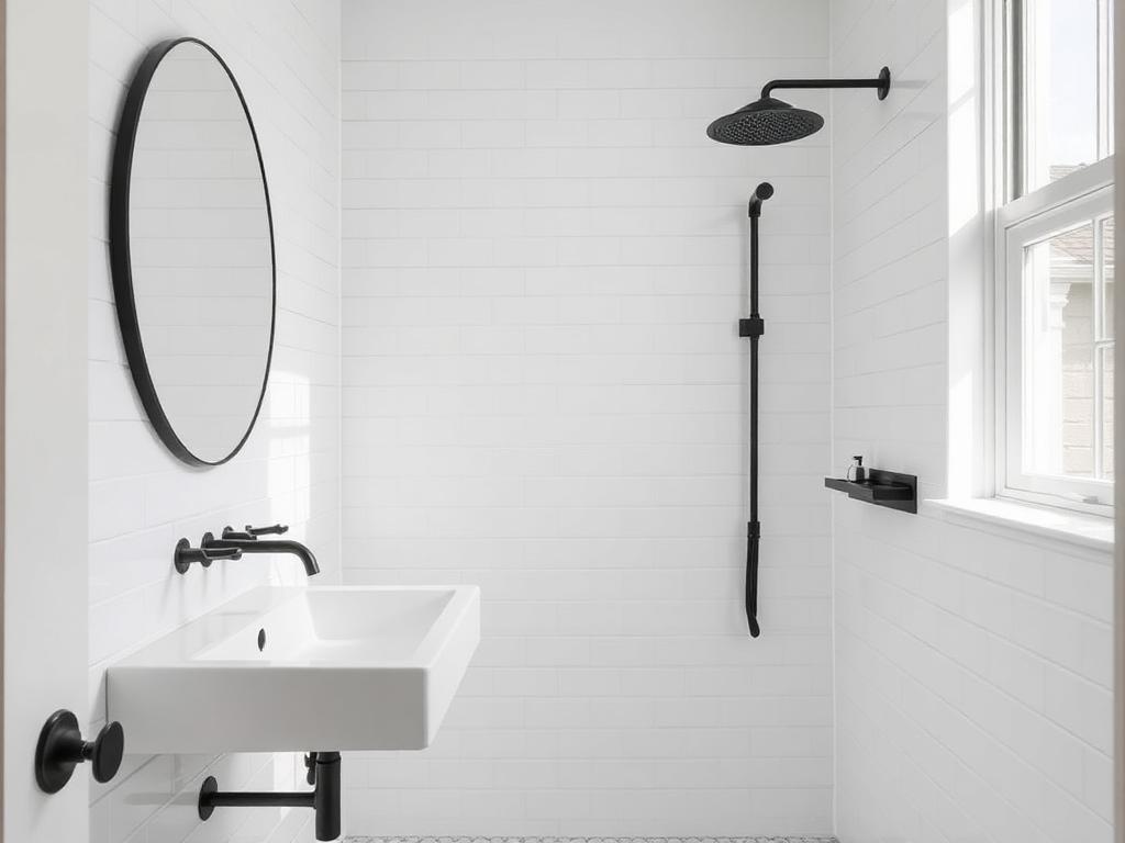 Remodeled bathroom with white tile walls, a wall-mounted sink, and matte black fixtures