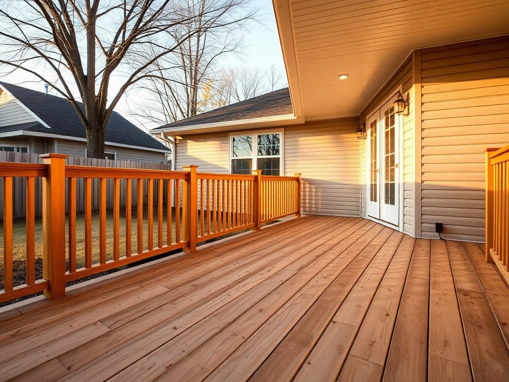 Newly built wooden deck with railing attached to a residential home in evening light