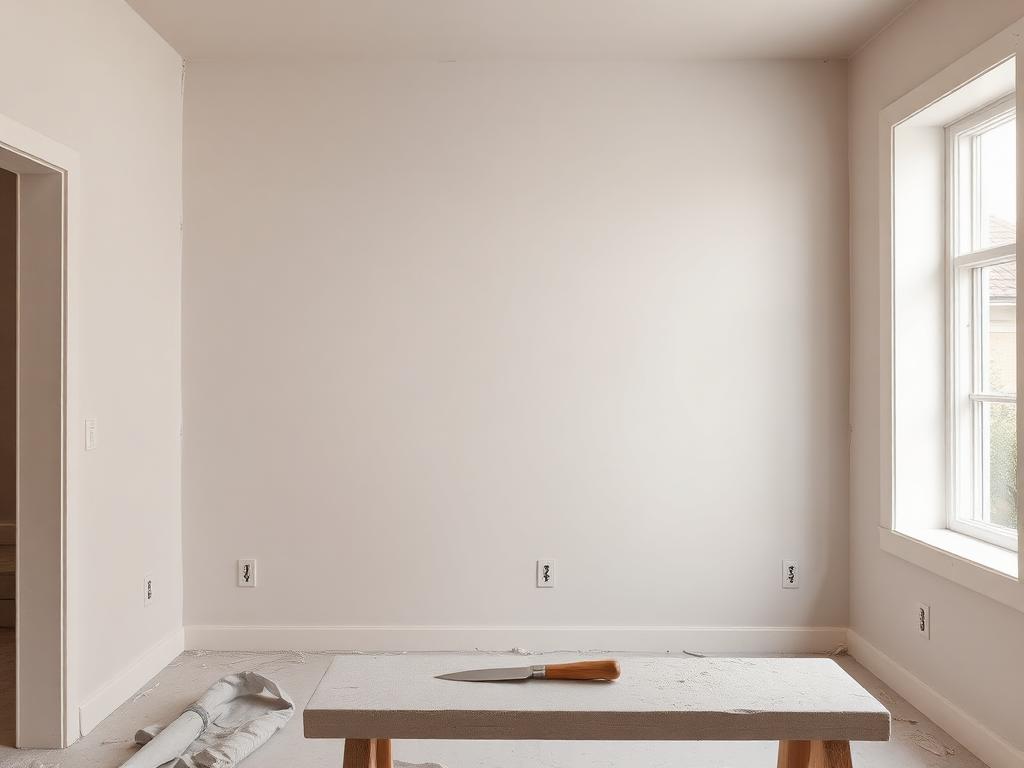 Newly hung drywall with taped and finished seams in a sunlit residential room