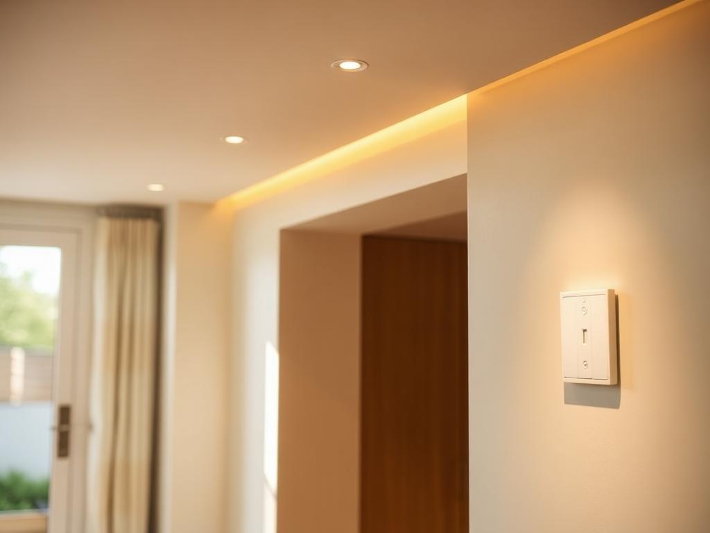 Recessed ceiling lighting and a clean wall switch plate in a renovated home interior