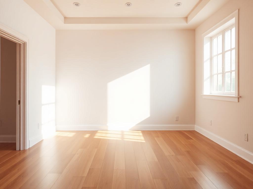 Empty sunlit room with newly installed hardwood flooring and freshly finished drywall