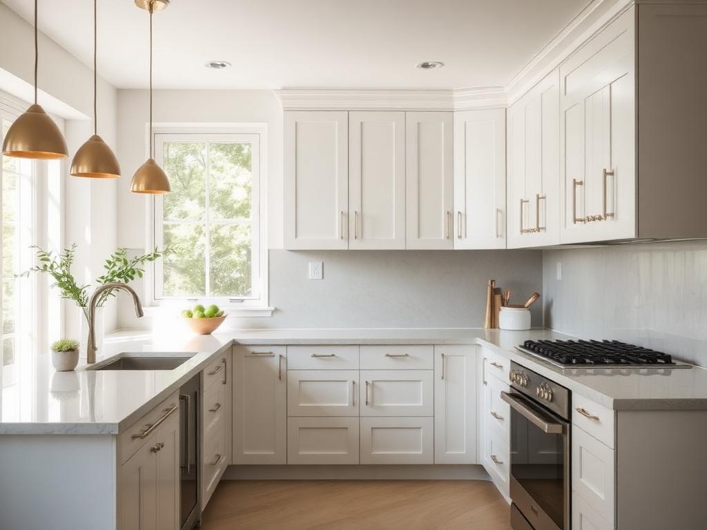 Renovated kitchen with light cabinetry, stone counters, and natural daylight
