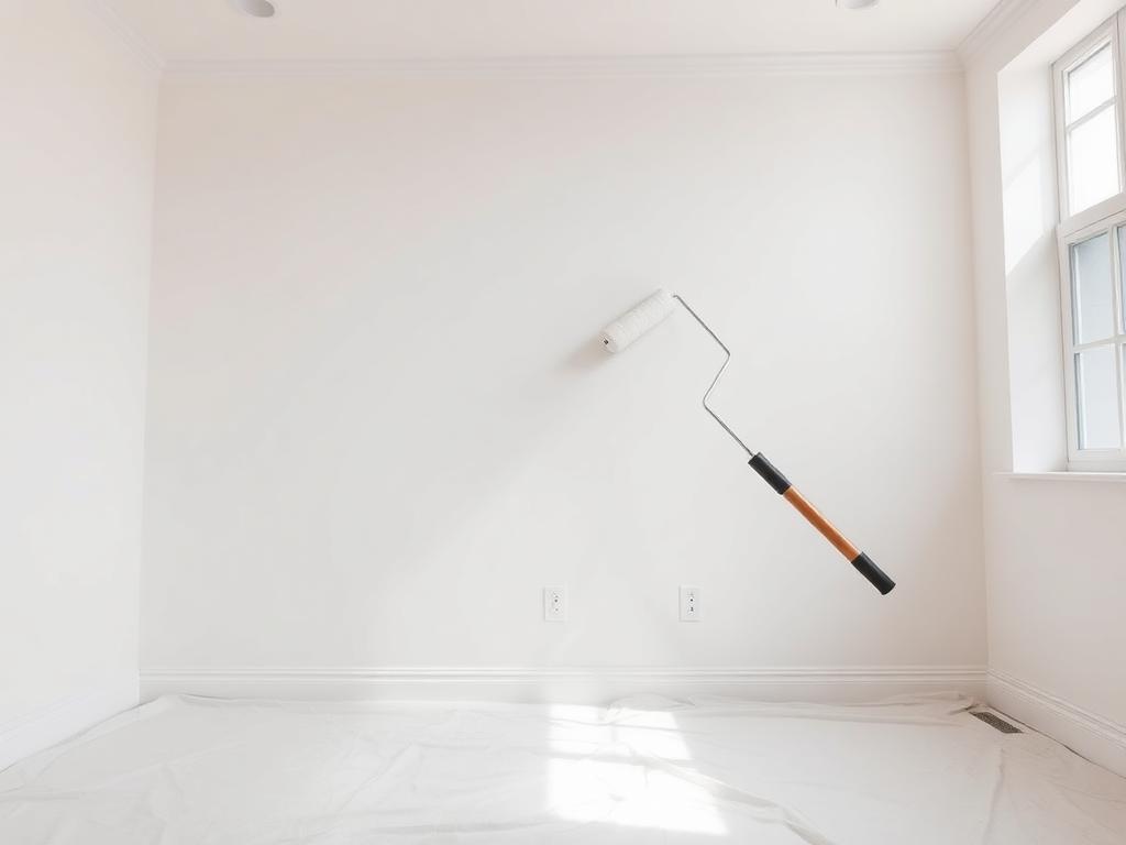 Freshly painted bright interior room with a paint roller, taped trim, and drop cloths