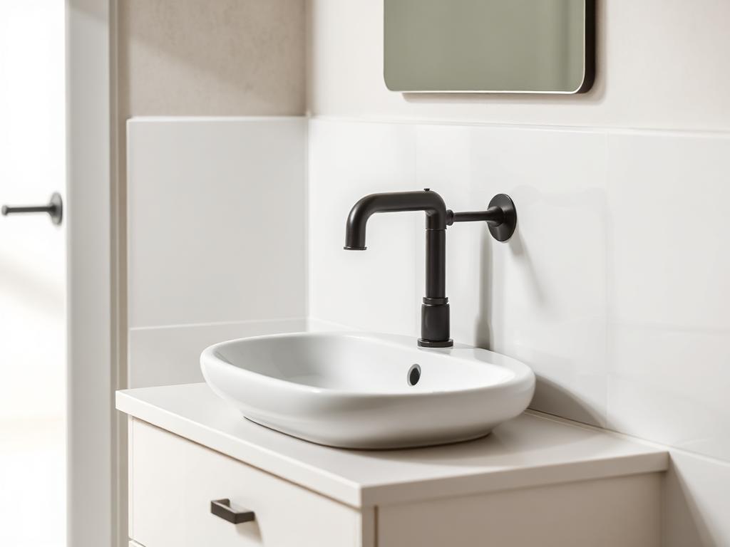 Newly installed bathroom vanity with a white sink and matte black faucet