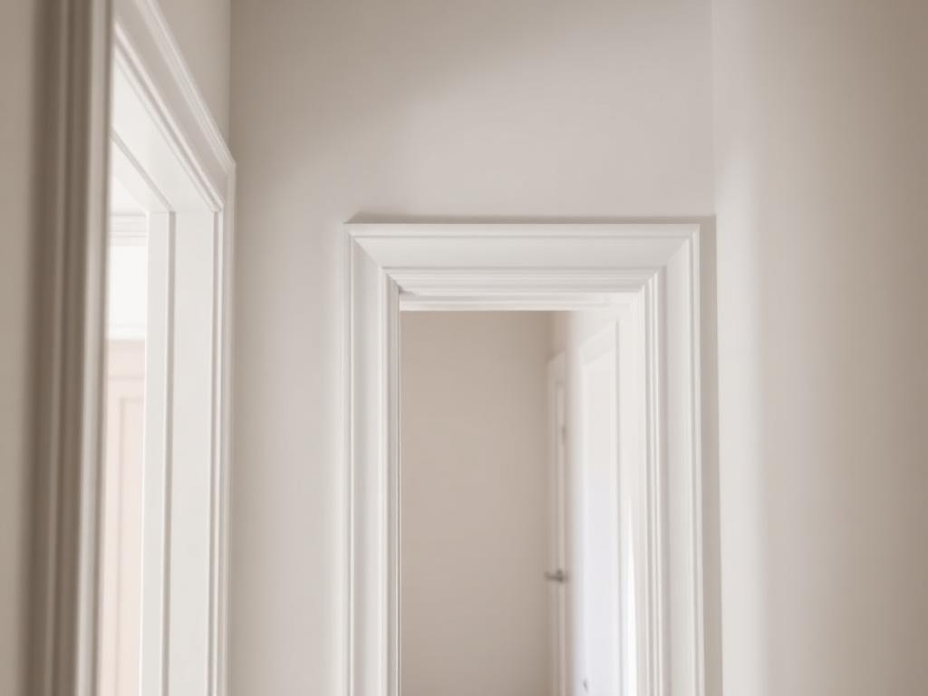 Crisply painted interior doorway with detailed trim and casing in a home hallway